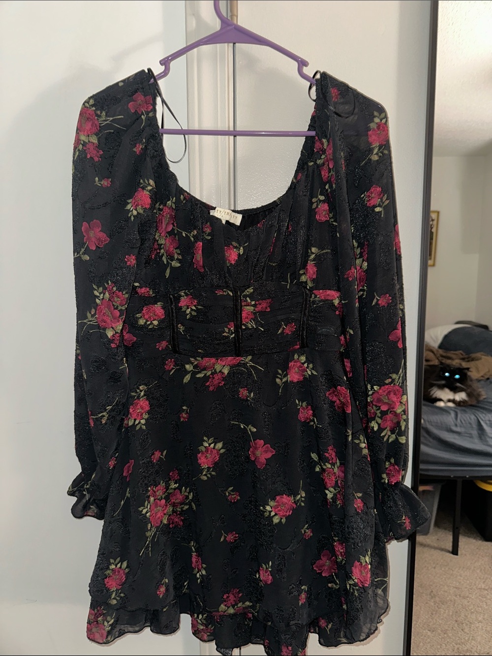 Black Long-Sleeve Floral Mini Dress with Pink Rose Print
